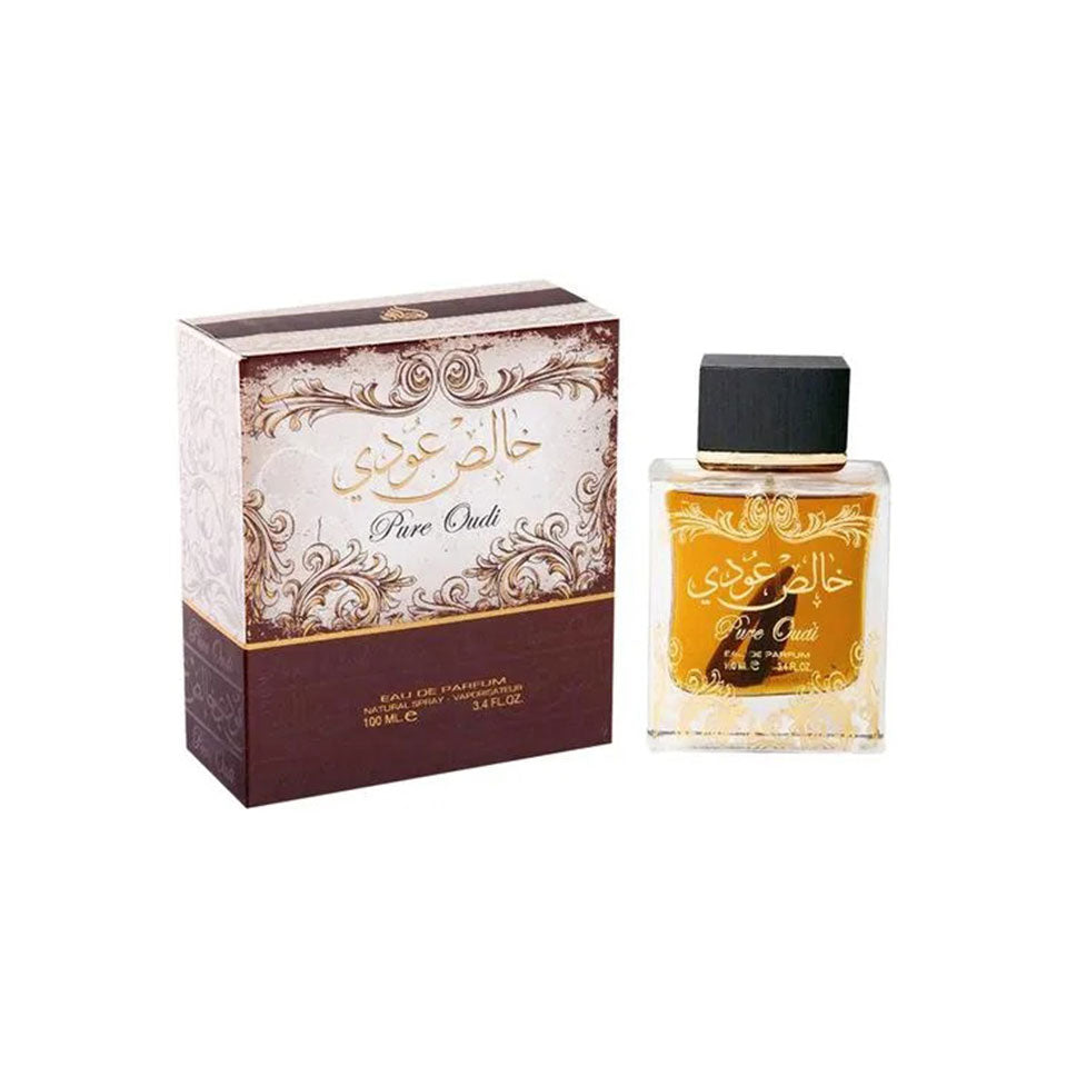 Lattafa Pure Oudi Eau De Parfum 100 ml – refined raw oud with soft florals and sheer elegance for every day.