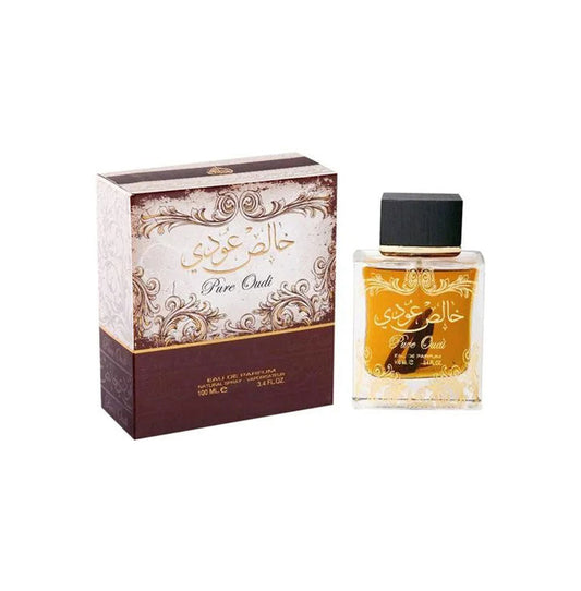 Lattafa Pure Oudi Eau De Parfum 100 ml – refined raw oud with soft florals and sheer elegance for every day.