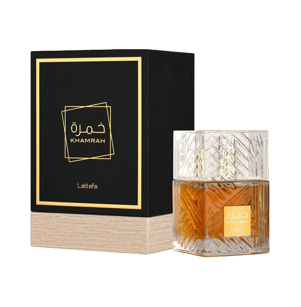 Lattafa Khamrah Eau De Parfum 100ml – a luxurious unisex scent blending warmth, spice, and elegance.