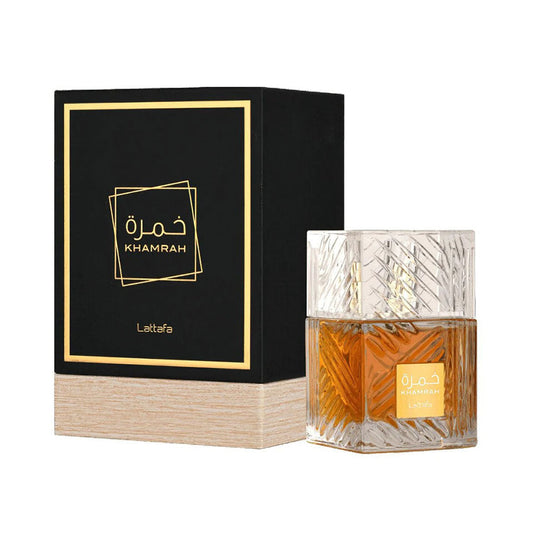 Lattafa Khamrah Eau De Parfum 100ml – a luxurious unisex scent blending warmth, spice, and elegance.