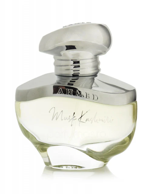 Elegant bottle of Musc Kashmiri Arabian perfume with metallic silver cap and clear glass.