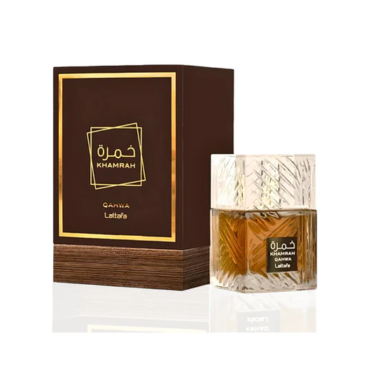 Lattafa Khamrah Qahwa Eau De Parfum 100ml – a luxurious unisex scent blending coffee, warm spices, and amber elegance.