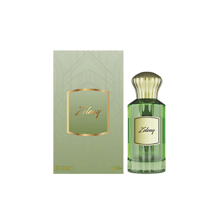 Ahmed Al Maghribi Zeleny Eau De Parfum 100 ml – verdant green accords and soft woods evoke fresh elegance in a unisex silhouette.